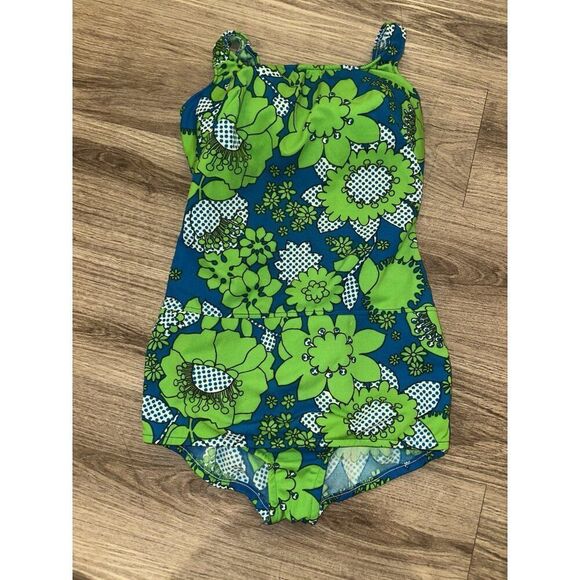 VTG 50s 60s GreenBlue Psychedelic Pinup Style Swimsuit Rockabilly Retro READ S/M - Picture 11 of 14